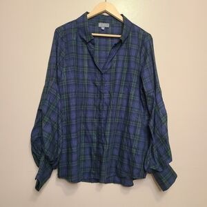 Greyson Blue & Green Plaid Poet Balloon Sleeve Blouse